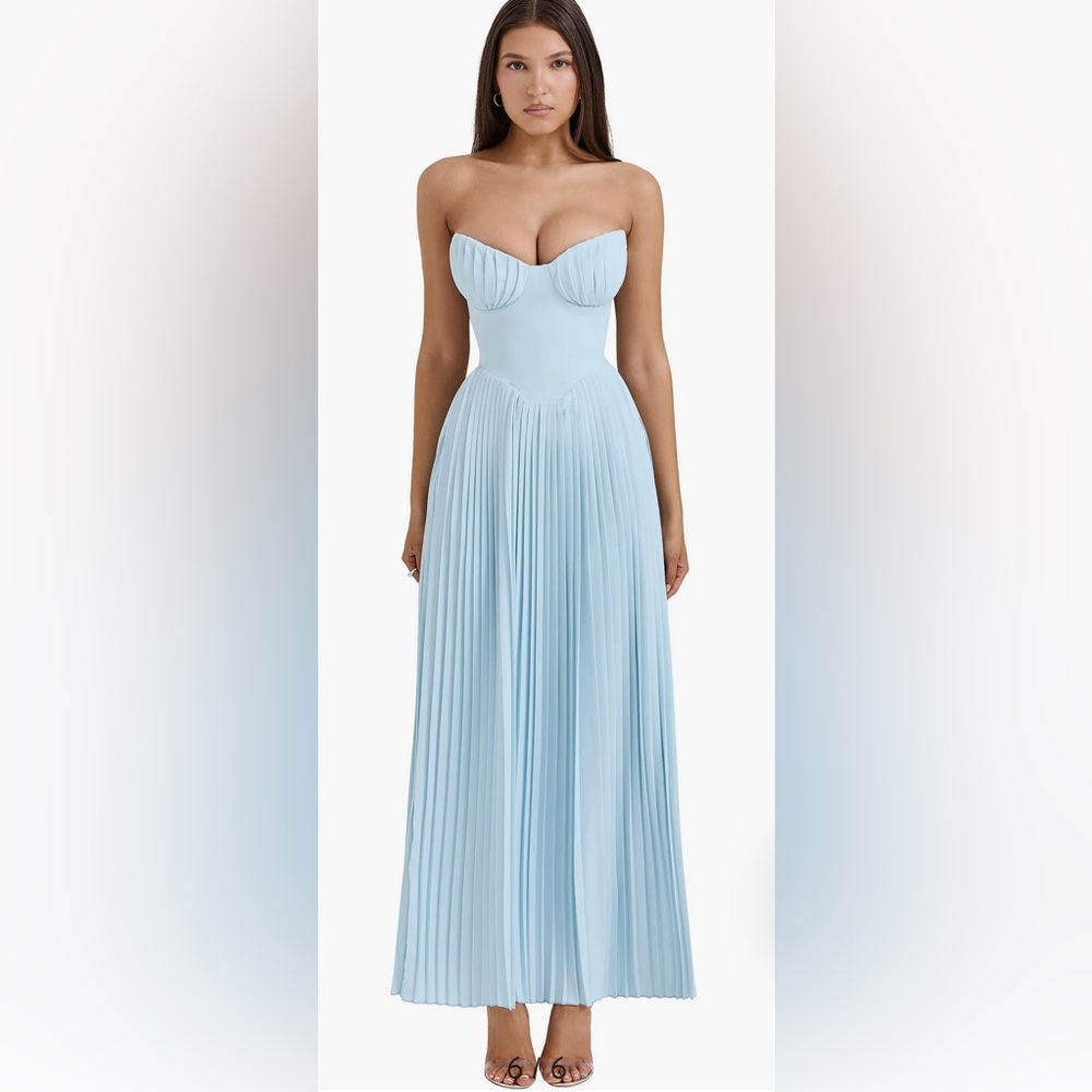 House of CB ‘Marcella’ Ocean Blue Pleated Maxi Dress NWT